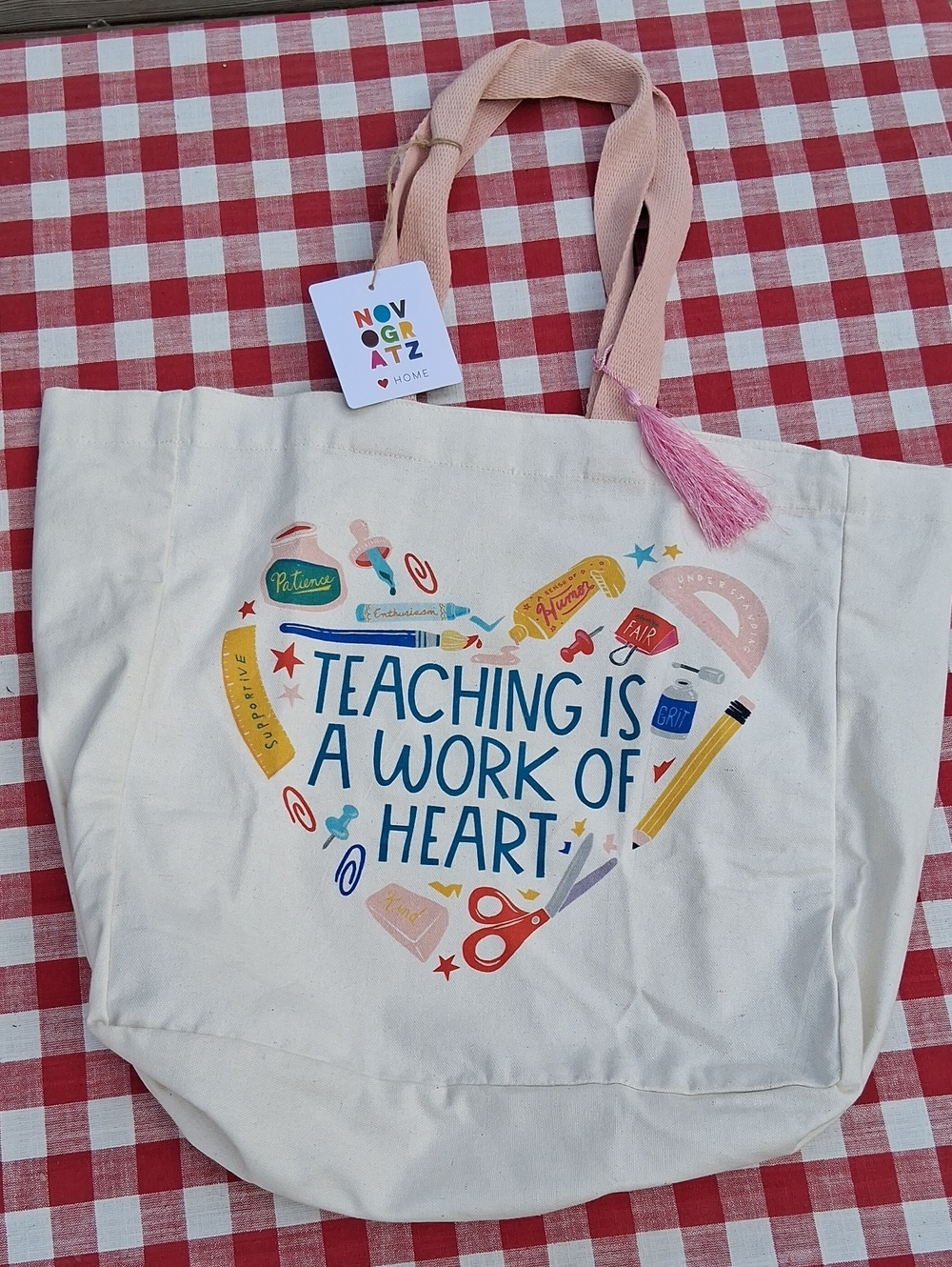 Teaching Is A Work Of Heart Canvas Tote Bag - Pink Handles